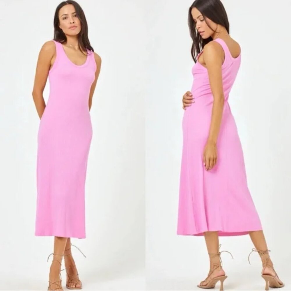 NWT L*Space Jenna Midi Ribbed Knit Tank Cotton Blend Casual Resort Dress S Pink